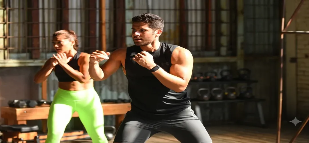 Una mujer con mallas verde neón y un hombre con camiseta negra sin mangas están de pie en guardia de boxeo en un gimnasio de almacén, con equipamiento de fondo