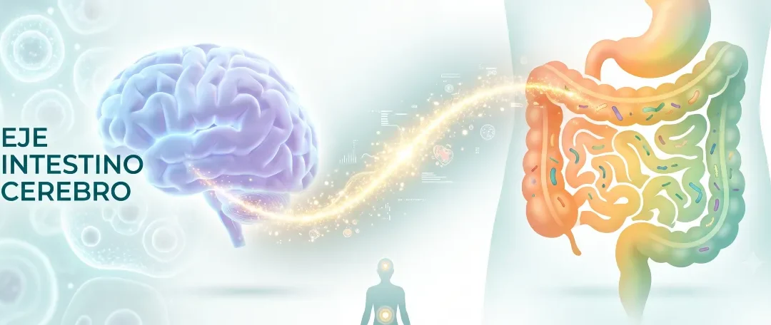 Ilustración conceptual del eje intestino cerebro y una microbiota saludable conectada con la energía y el bienestar mental