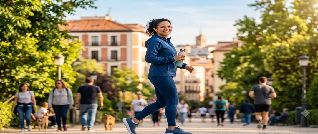 Estilo de vida saludable para latinos en Europa: mujer latina sonriendo mientras camina en un entorno urbano europeo al atardecer