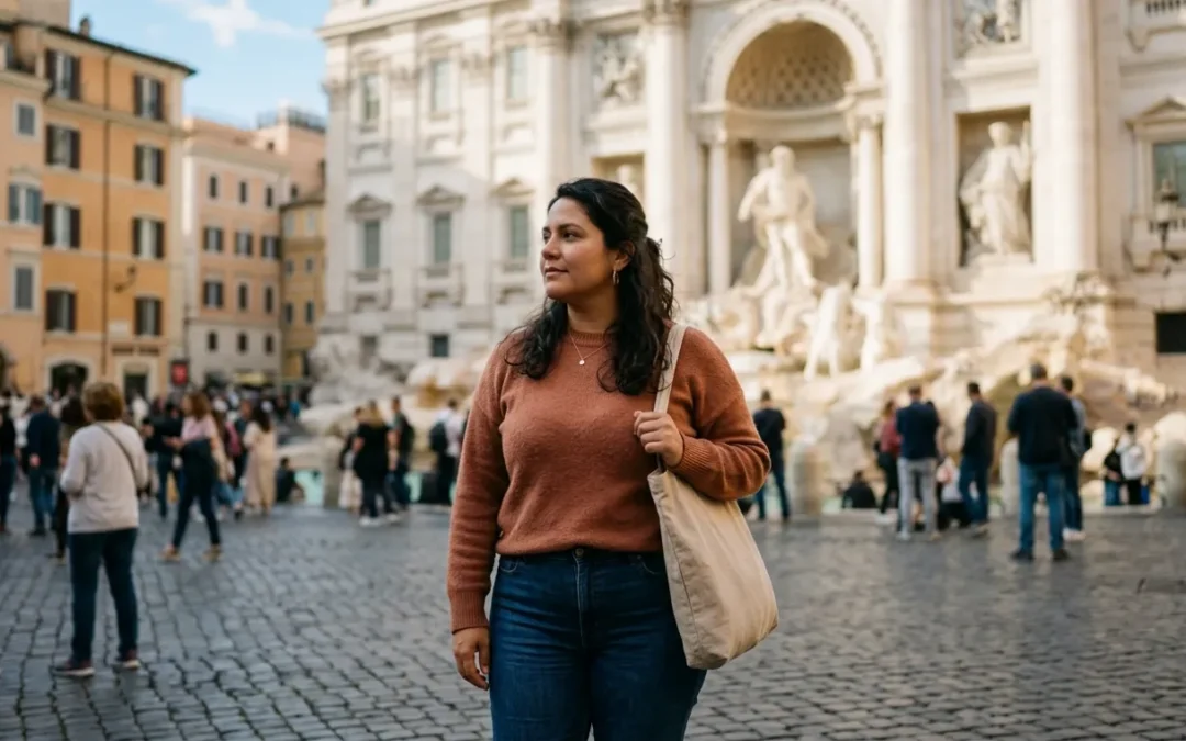 Mujer latina en Roma sintiendo ansiedad por comida al emigrar