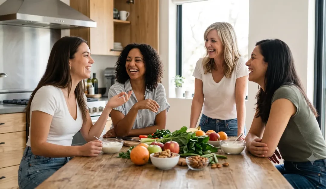 Nutrición Femenina por Edad. mujeres de distintas edades compartiendo una comida saludable