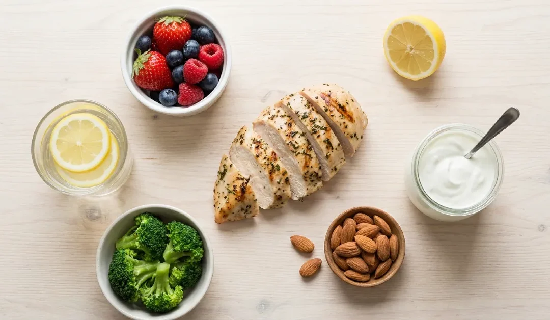 Variedad de alimentos que ayudan a controlar el hambre, como proteínas, frutas y verduras frescas. cómo controlar el hambre