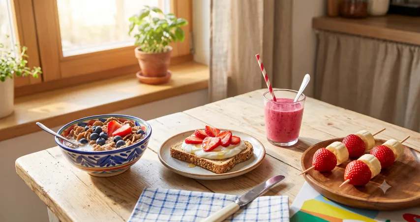 9 desayunos saludables para niños servidos en una mesa