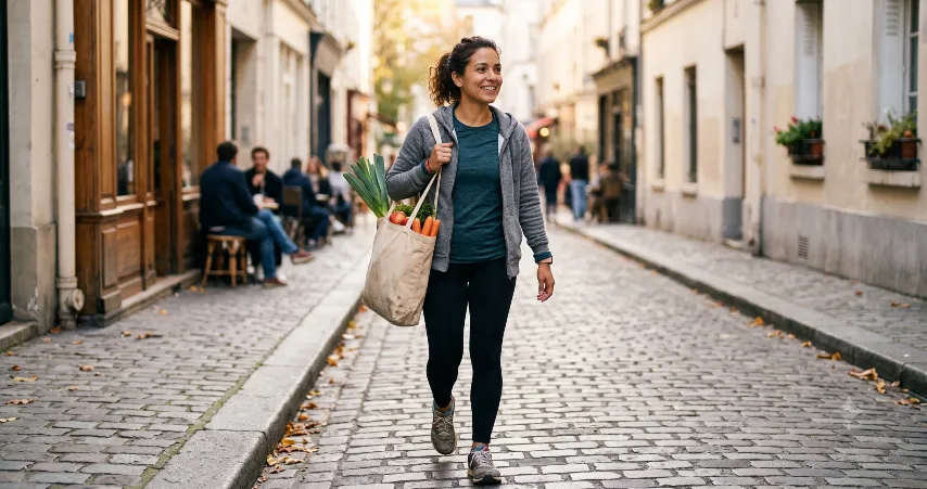 mantener tu peso al emigrar : una emigrante caminando por una calle europea