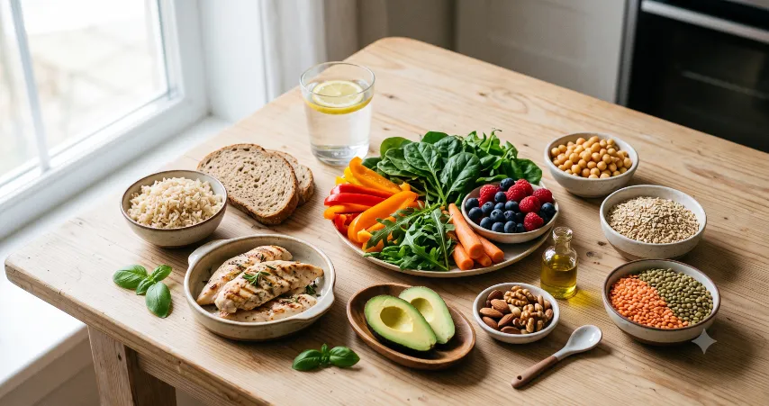 Nutrientes esenciales para tu alimentación: una mesa con alimentos saludables