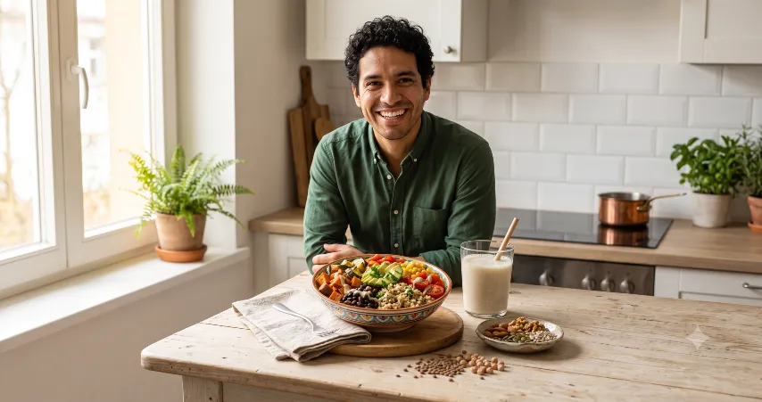 pros y contras de la dieta vegana: un muchacho sentado en la mesa con una variedad de alimentos para el consumo vegano