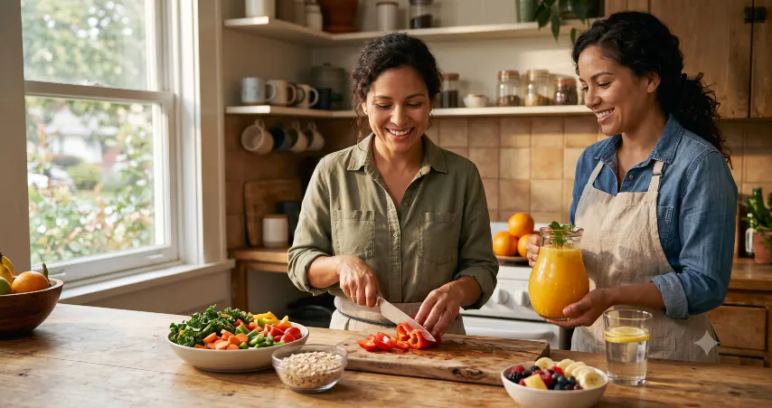 salud digestiva para perder peso : una mujer frente a una mesa con vegetales y otra con una jarra de jugo de naranjas en la mano